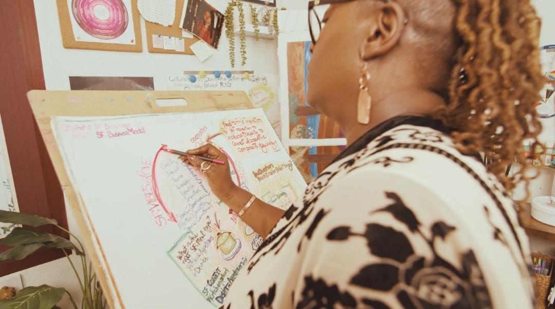 Yvette Dubel mapping foundational ideas on a hand-drawn chart
